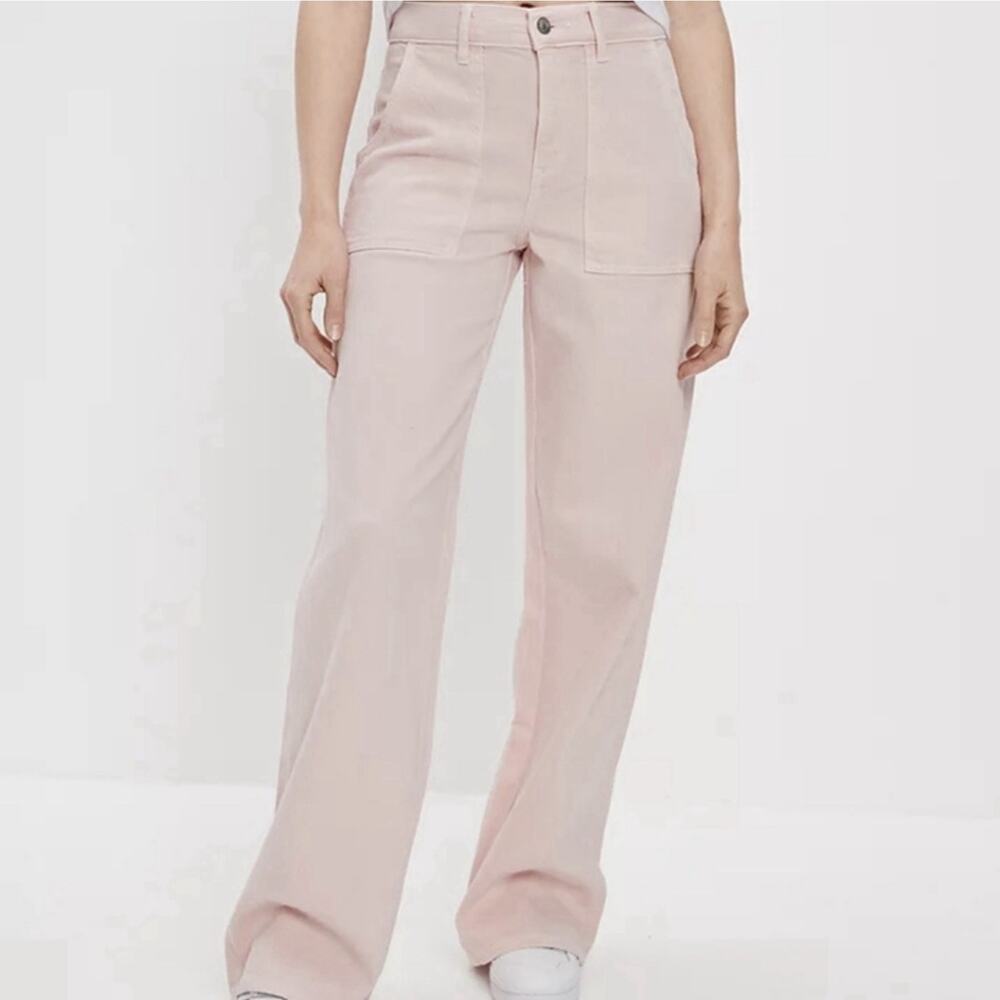American Eagle Super High Rise Baggy Wide Leg Jeans Pink Boho Womens 6 Short